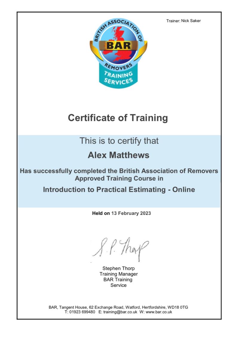 A certificate of training is displayed on a white background.